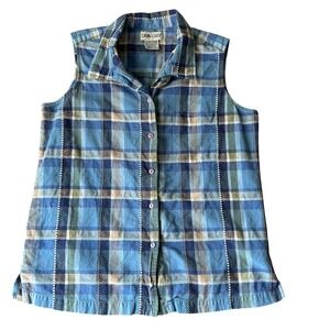 Vintage Western Farm Blue Peach Plaid Vest Embroidered Size L Cabin Creek